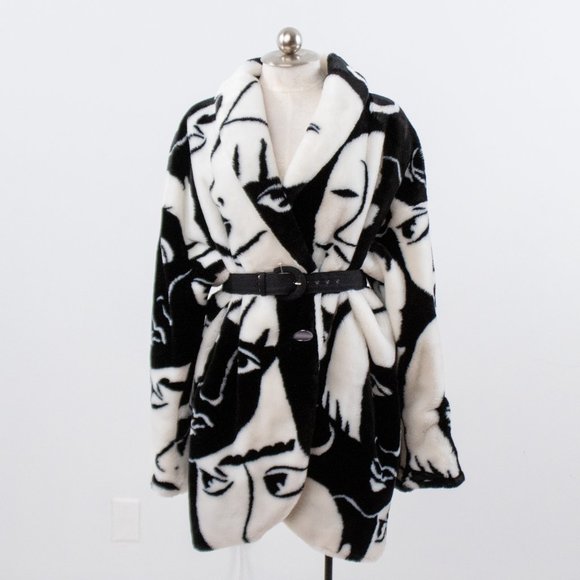Vintage 80s L Faux Fur Faces Print Wrap Midi Coat - Picture 14 of 16